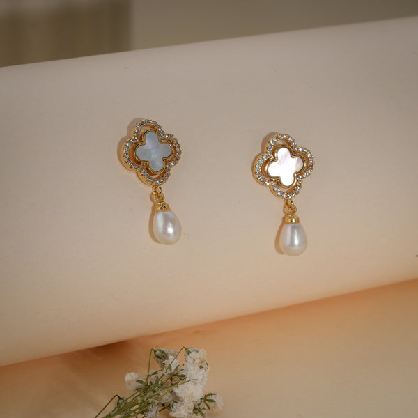 Gold Clover Pearl Drop Earrings
