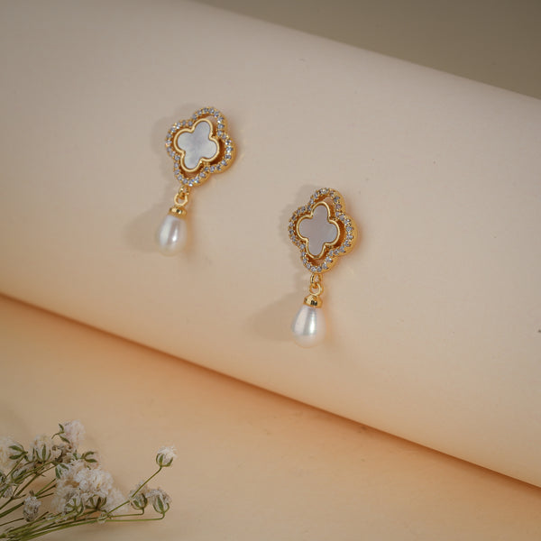 Gold Clover Pearl Drop Earrings