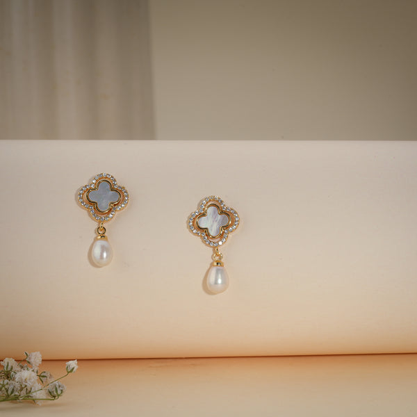 Gold Clover Pearl Drop Earrings